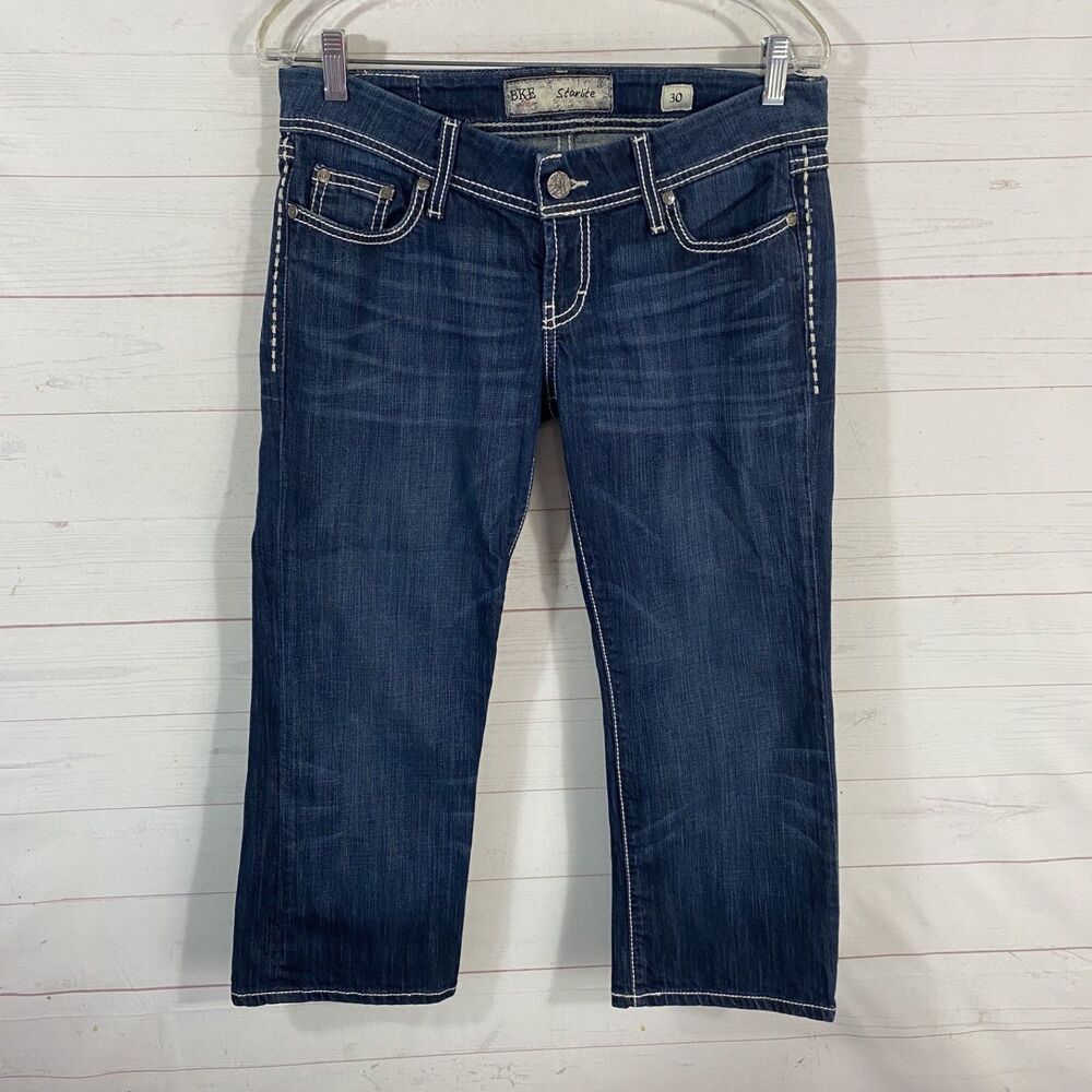 BKE Womens Starlite Capri Jeans Sz 30 Blue Stretch Bling Pockets Actual-32x22